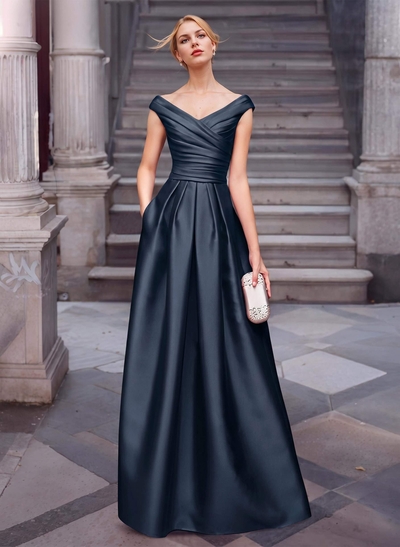 A-Line Satin Pockets Mother Of The Bride Dresses With Cap Shoulder