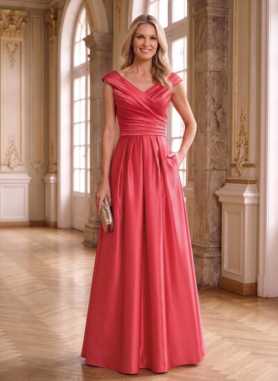 A-Line Satin Mother Of The Bride Dresses With Pockets And Cap Sleeves