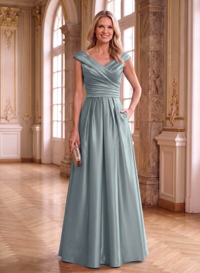A-Line Satin Pockets Mother Of The Bride Dresses With Cap Shoulder