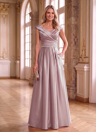 A-Line Satin Mother Of The Bride Dresses With Pockets And Cap Sleeves