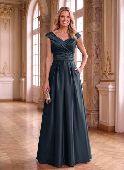 A-Line Satin Pockets Mother Of The Bride Dresses With Cap Shoulder