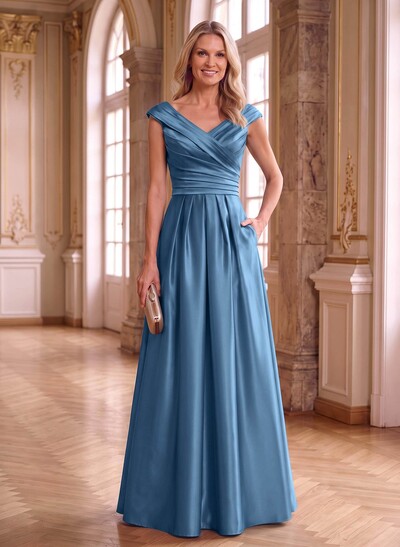 A-Line Satin Mother Of The Bride Dresses With Pockets And Cap Sleeves