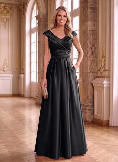 A-Line Satin Mother Of The Bride Dresses With Pockets And Cap Sleeves