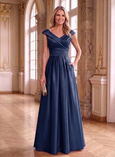 A-Line Satin Pockets Mother Of The Bride Dresses With Cap Shoulder
