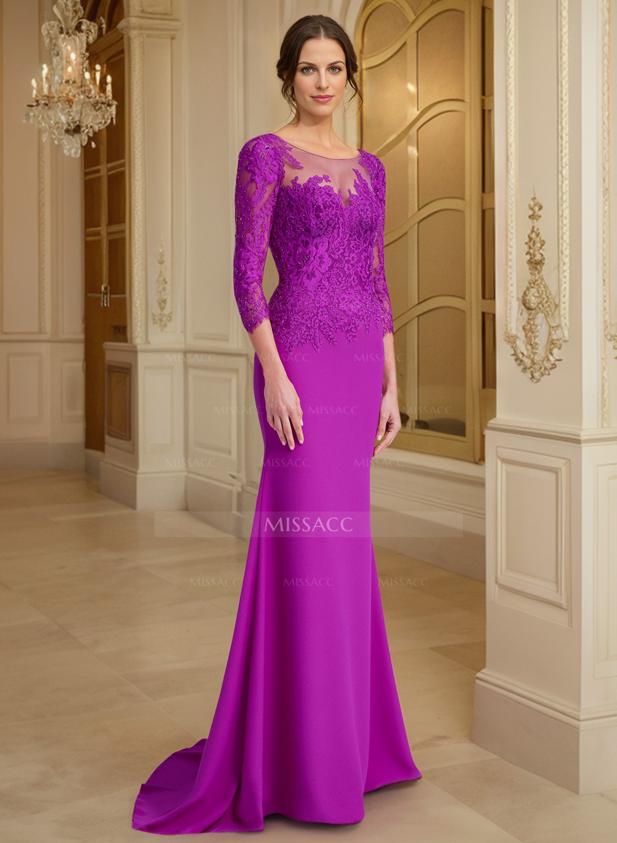 Illusion Neck Mermaid Sleeves Mother Of The Bride Dresses With Lace