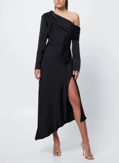 A-Line Long Sleeves Tea-Length Charmeuse Cocktail Dresses With Split Front
