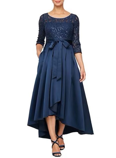 Lace Sleeves Asymmetrical Satin Cocktail Dresses