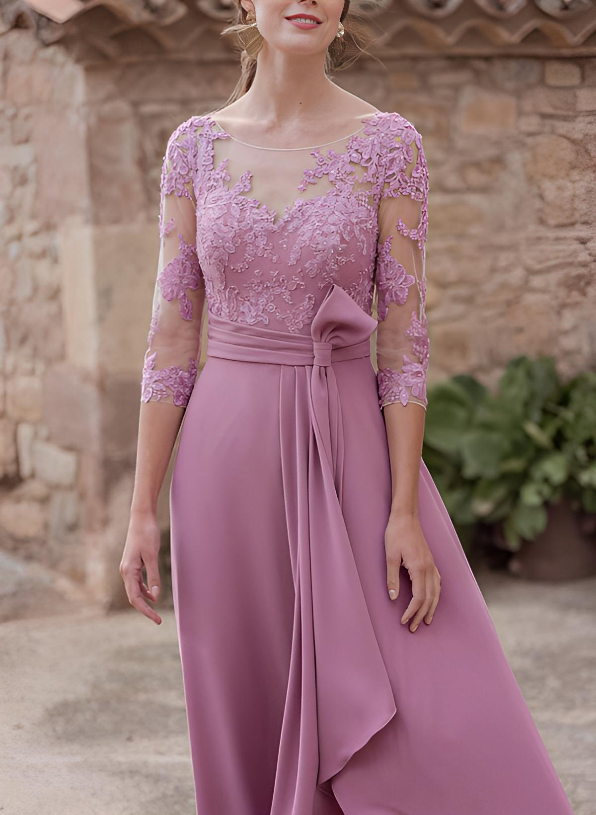 A-Line Illusion Neck 1/2 Sleeves Asymmetrical Chiffon/Lace Mother Of The Bride Dresses