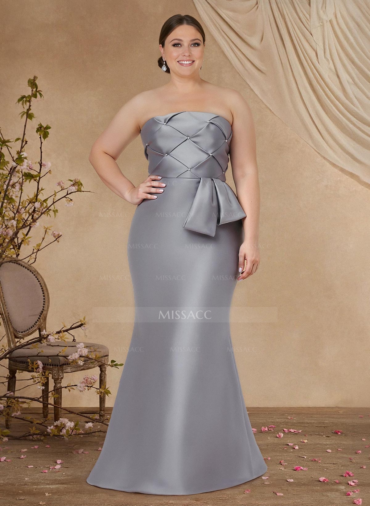Flattering Beaded Strapless Ruched Waist Satin Mother Of The Bride Dresses