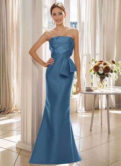 Flattering Beaded Strapless Ruched Waist Satin Mother Of The Bride Dresses