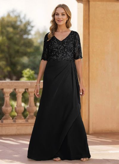 Sheath/Column V-Neck 1/2 Sleeves Chiffon/Lace Mother Of The Bride Dresses