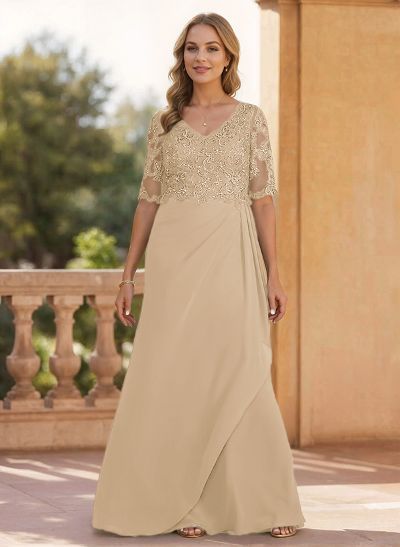 Sheath/Column V-Neck 1/2 Sleeves Chiffon/Lace Mother Of The Bride Dresses