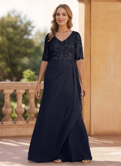 Sheath/Column V-Neck 1/2 Sleeves Chiffon/Lace Mother Of The Bride Dresses