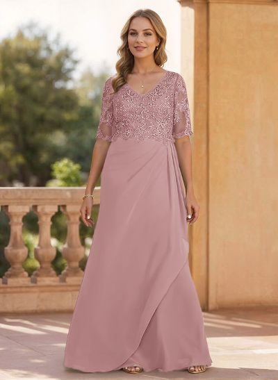 Sheath/Column V-Neck 1/2 Sleeves Chiffon/Lace Mother Of The Bride Dresses