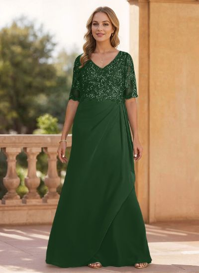 Sheath/Column V-Neck 1/2 Sleeves Chiffon/Lace Mother Of The Bride Dresses