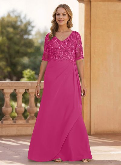 Sheath/Column V-Neck 1/2 Sleeves Chiffon/Lace Mother Of The Bride Dresses