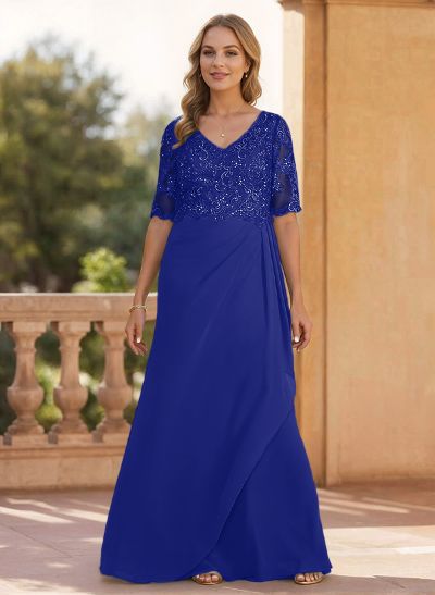 Sheath/Column V-Neck 1/2 Sleeves Chiffon/Lace Mother Of The Bride Dresses