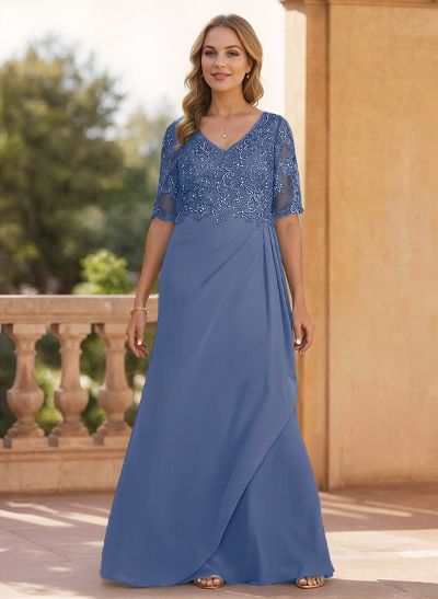 Sheath/Column V-Neck 1/2 Sleeves Chiffon/Lace Mother Of The Bride Dresses