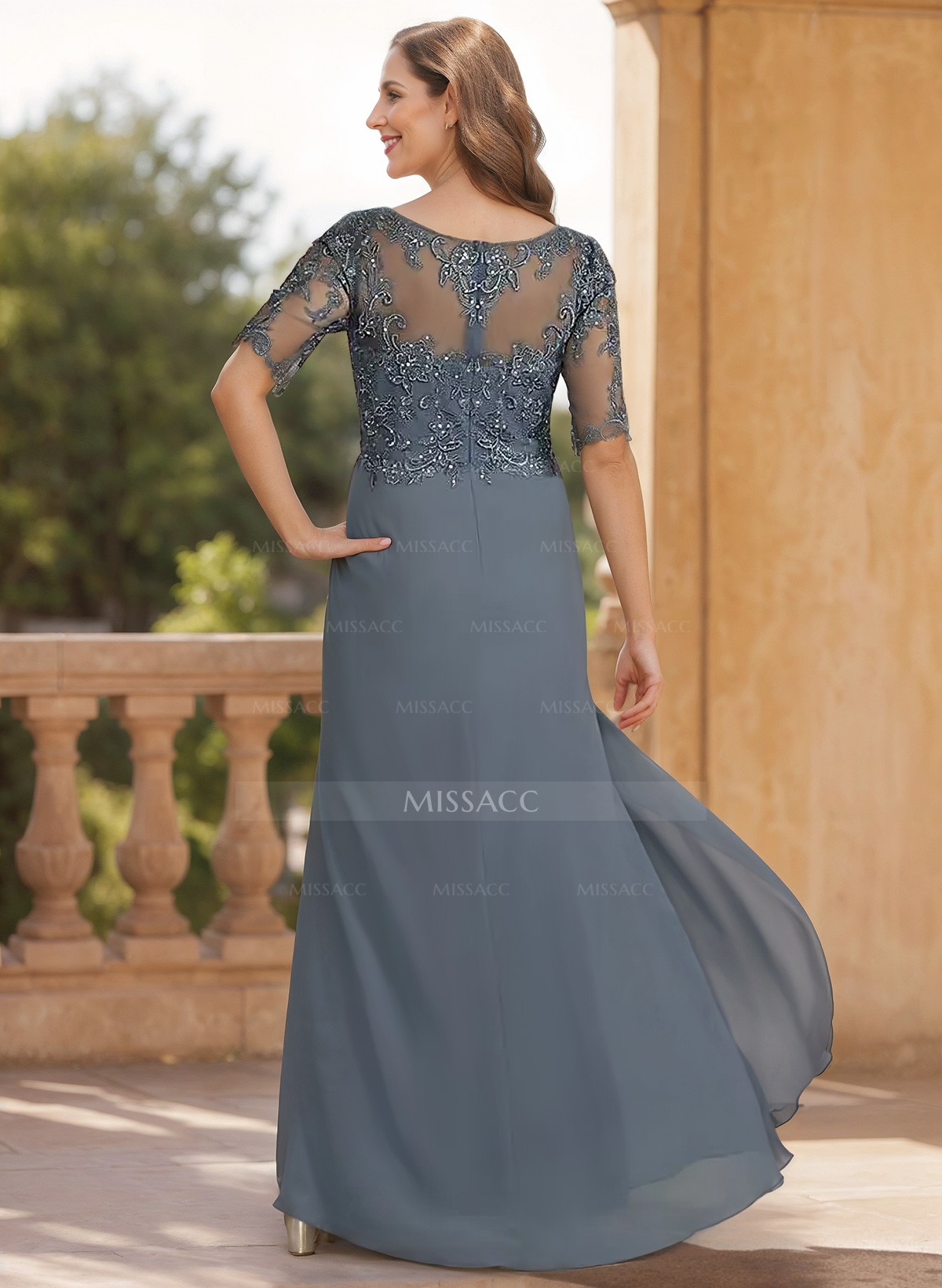 Sheath/Column V-Neck 1/2 Sleeves Chiffon/Lace Mother Of The Bride Dresses