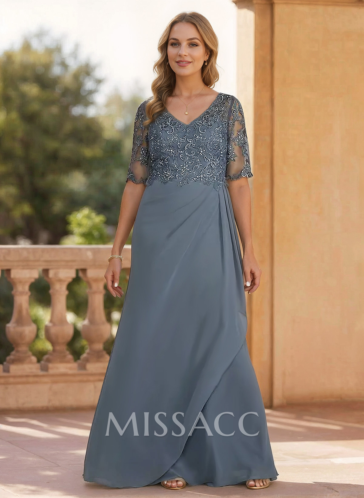 Sheath/Column V-Neck 1/2 Sleeves Chiffon/Lace Mother Of The Bride Dresses