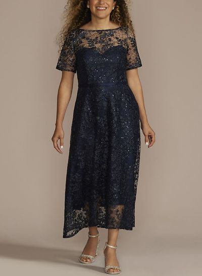 A-Line Illusion Neck Short Sleeves Lace Mother Of The Bride Dresses