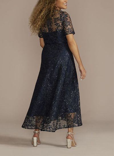 A-Line Illusion Neck Short Sleeves Lace Mother Of The Bride Dresses