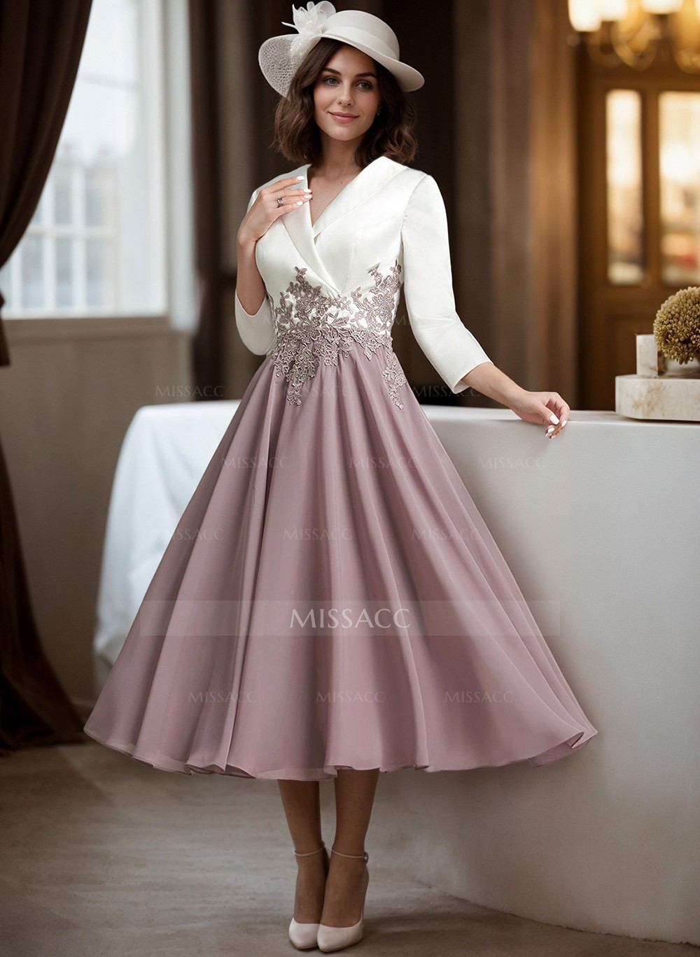 A-Line V-Neck 3/4 Sleeves Chiffon/Lace Mother Of The Bride Dresses
