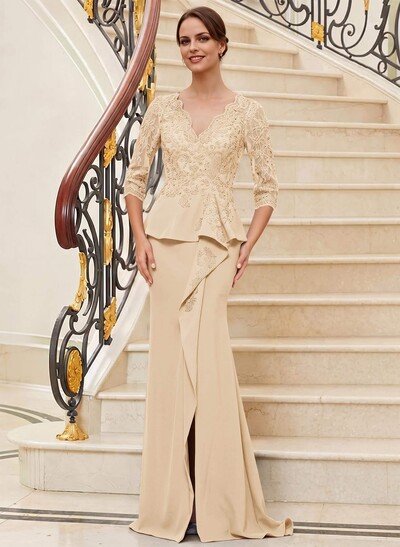 Trumpet/Mermaid V-Neck 3/4 Sleeves Lace Mother Of The Bride Dresses