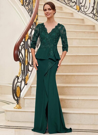 Trumpet/Mermaid V-Neck 3/4 Sleeves Lace Mother Of The Bride Dresses
