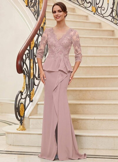 Trumpet/Mermaid V-Neck 3/4 Sleeves Lace Mother Of The Bride Dresses