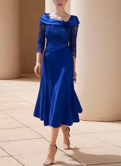 A-Line Scoop Neck 3/4 Sleeves Lace/Elastic Satin Cocktail Dresses