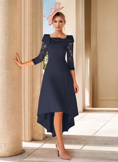 A-Line 3/4 Sleeves Asymmetrical Elastic Satin Mother Of The Bride Dresses