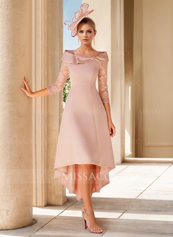 A-Line 3/4 Sleeves Asymmetrical Elastic Satin Mother Of The Bride Dresses