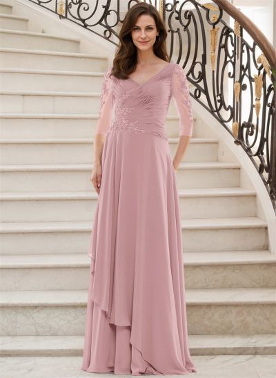 A-Line V-Neck 1/2 Sleeves Chiffon/Lace Mother Of The Bride Dresses