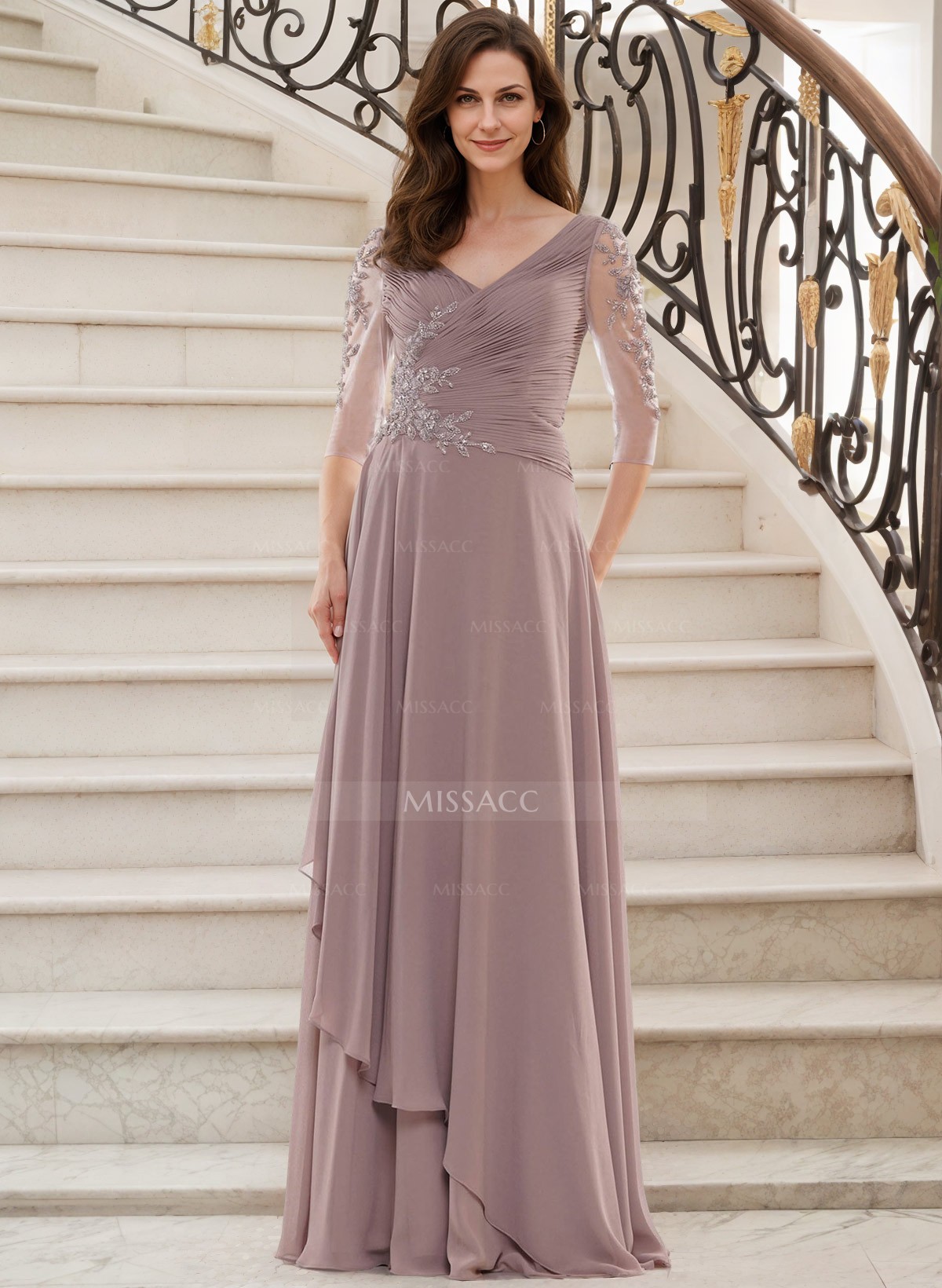 A-Line V-Neck 1/2 Sleeves Chiffon/Lace Mother Of The Bride Dresses