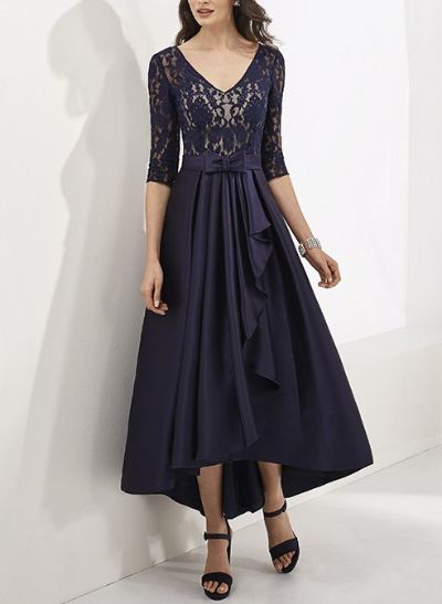 Asymmetrical V-Neck Lace Sleeves Cocktail Dresses