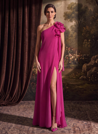One-Shoulder Floor-Length Chiffon Mother Of The Bride Dresses With Split Front