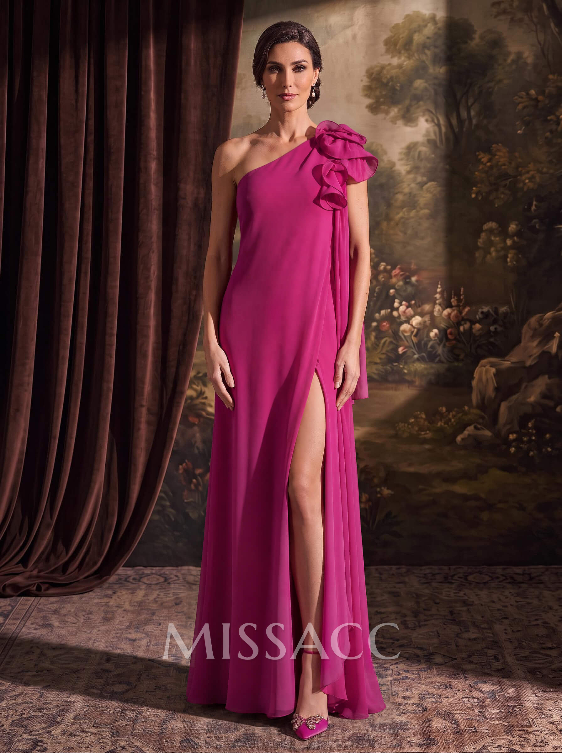 One-Shoulder Floor-Length Chiffon Mother Of The Bride Dresses With Split Front