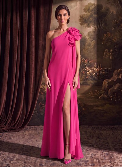 One-Shoulder Floor-Length Chiffon Mother Of The Bride Dresses With Front Split