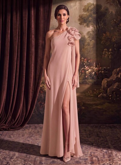 One-Shoulder Floor-Length Chiffon Mother Of The Bride Dresses With Front Slit