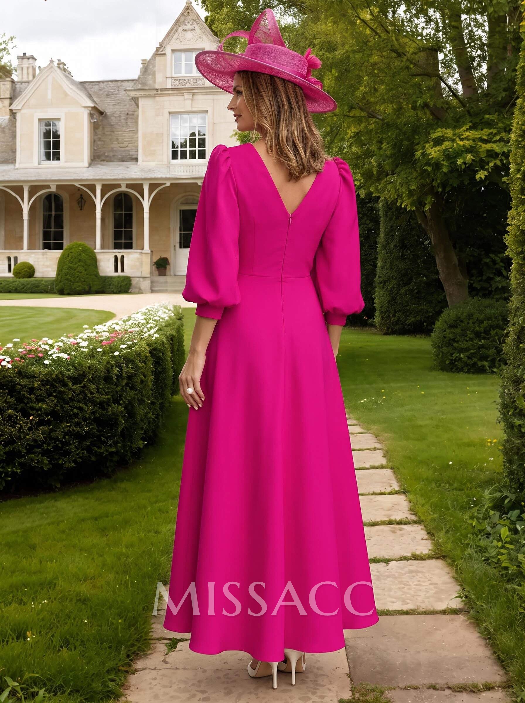 A-Line V-Neck 3/4 Sleeves Ankle-Length Mother Of The Bride Dresses With Beading