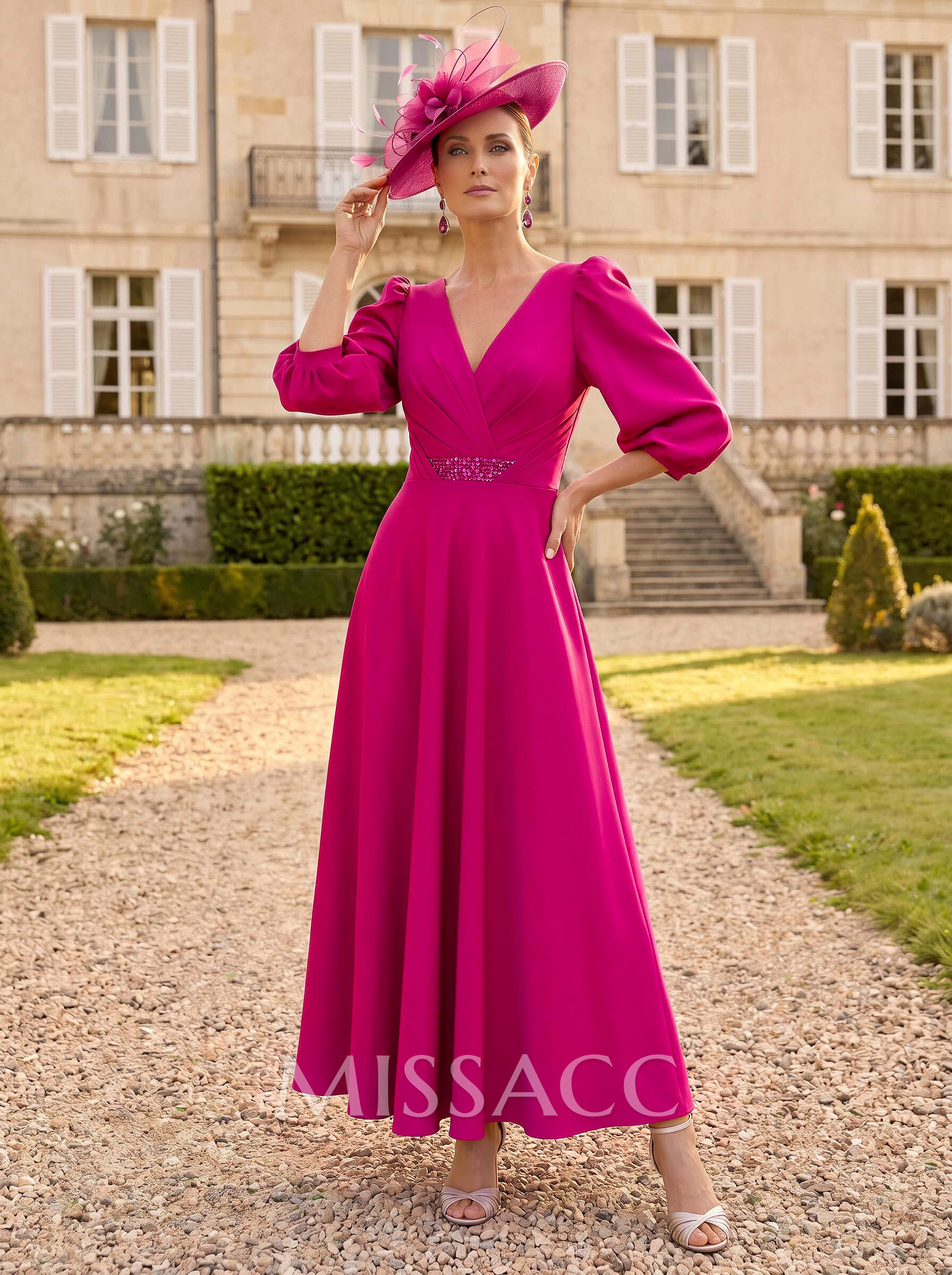 A-Line V-Neck 3/4 Sleeves Ankle-Length Mother Of The Bride Dresses With Beading