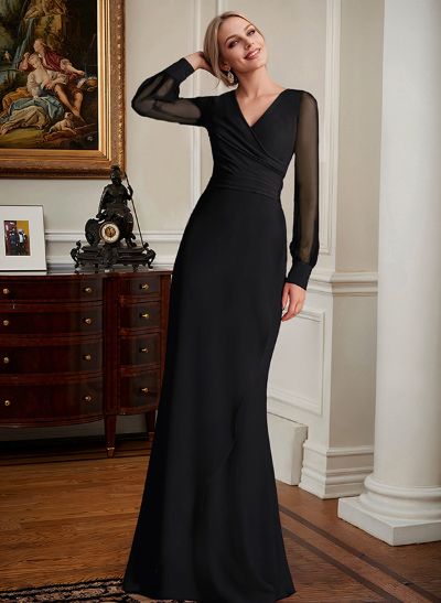 Sheath/Column V-Neck Long Sleeves Chiffon Mother Of The Bride Dresses