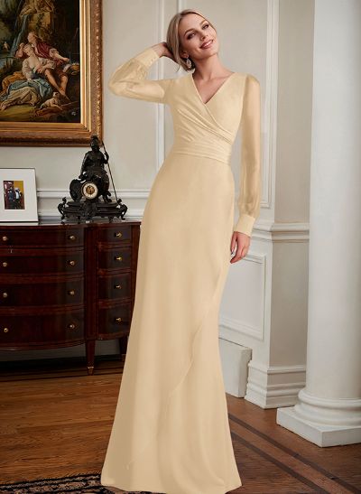 Sheath/Column V-Neck Long Sleeves Chiffon Mother Of The Bride Dresses