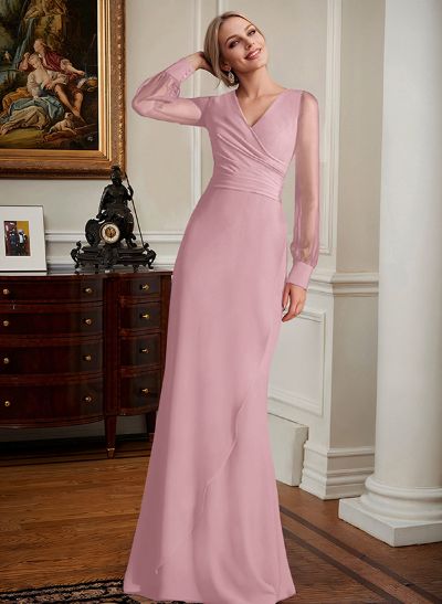 Sheath/Column V-Neck Long Sleeves Chiffon Mother Of The Bride Dresses