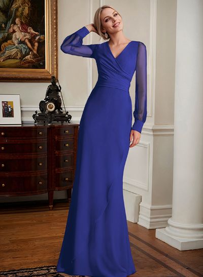 Sheath/Column V-Neck Long Sleeves Chiffon Mother Of The Bride Dresses