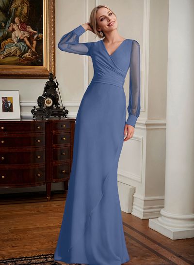 Sheath/Column V-Neck Long Sleeves Chiffon Mother Of The Bride Dresses