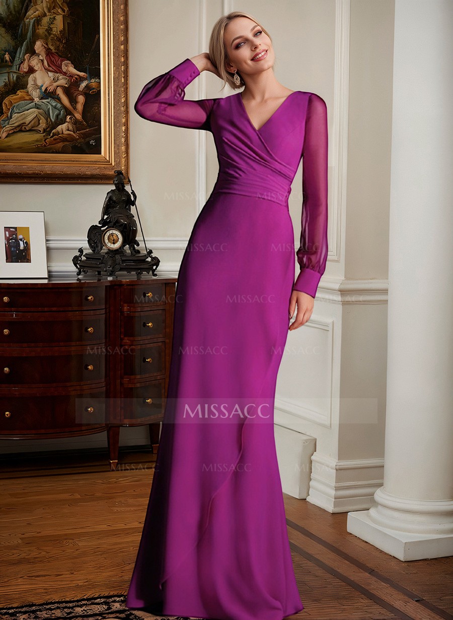 Sheath/Column V-Neck Long Sleeves Chiffon Mother Of The Bride Dresses