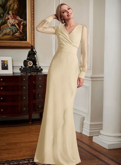 Sheath/Column V-Neck Long Sleeves Chiffon Mother Of The Bride Dresses