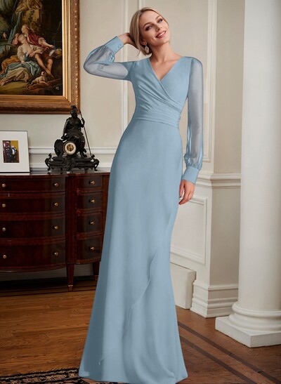 Sheath/Column V-Neck Long Sleeves Chiffon Mother Of The Bride Dresses